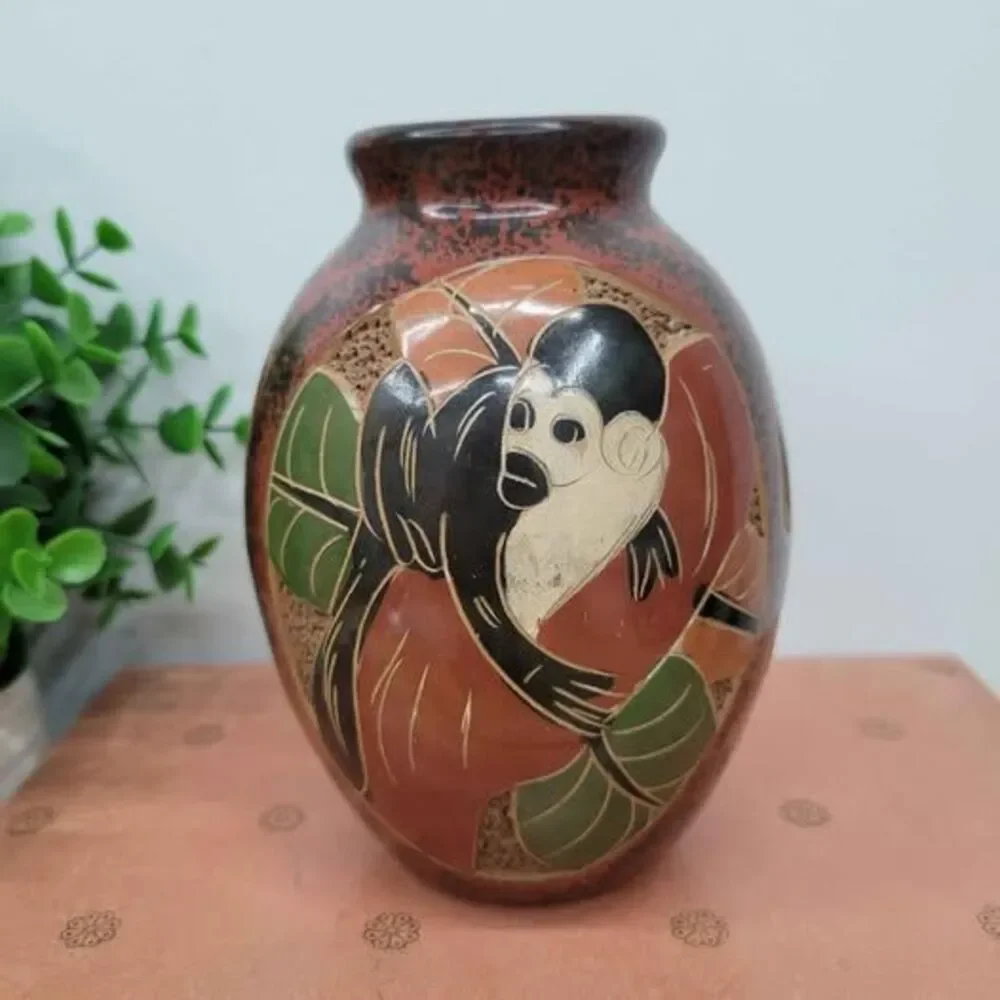 Handmade Nicaraguan Clay Vase with Butterfly Monkey & Turtle Folk Art Pottery
